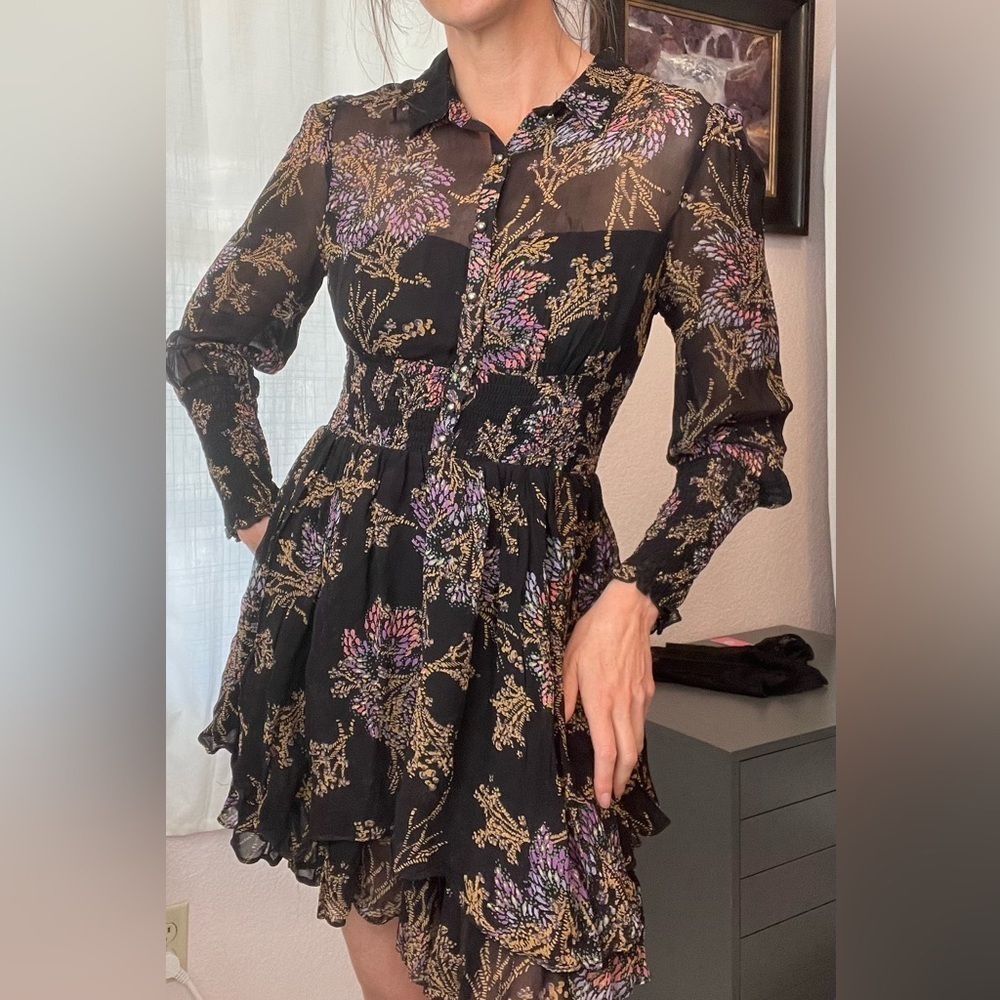 NWT Free People Sheer Layered Mini Dress Long Sleeves Collared Button Down